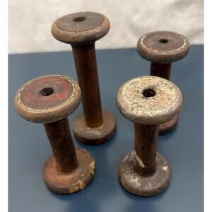 Vintage Industrial Lot Of 4 Wooden Textile Bobbins Wood Metal Farmhouse Sewing